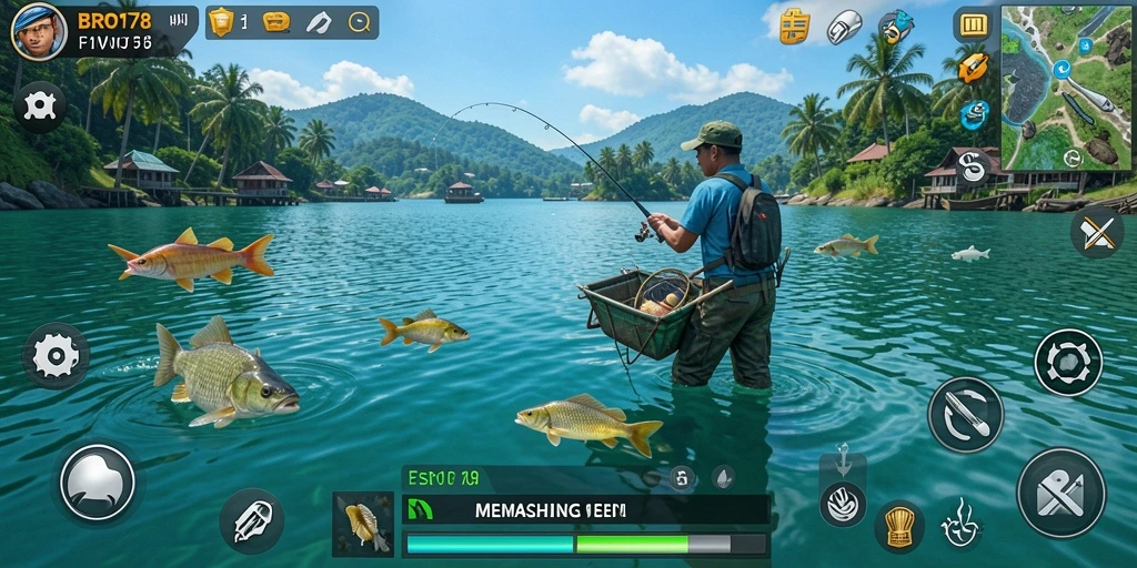 Gameplay BRO178 menampilkan berbagai lokasi memancing yang menarik dan ikan beragam.