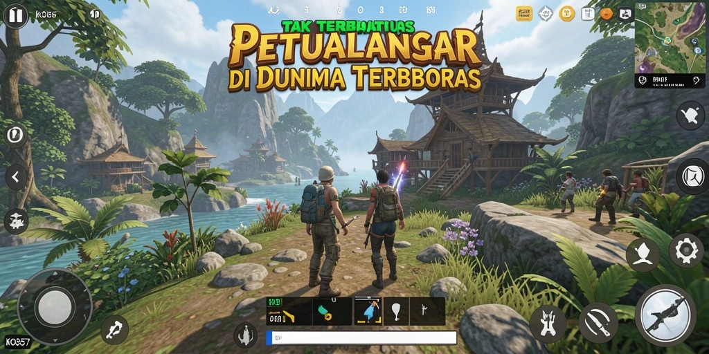 Tangkapan layar gameplay KO857 menampilkan petualangan di dunia terbuka yang luas.