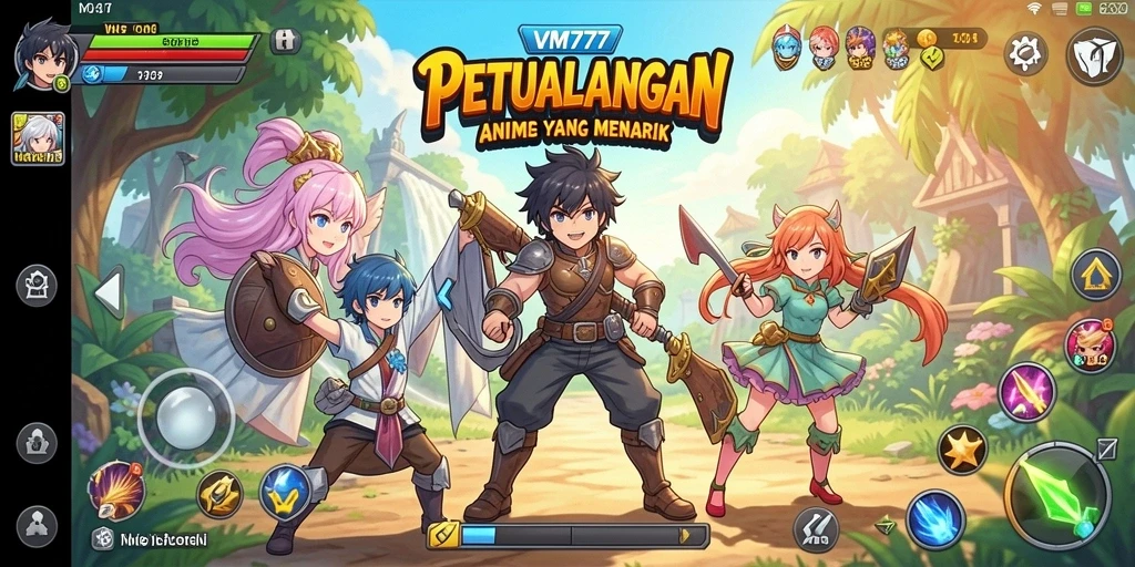 Tangkapan layar VM777 menampilkan karakter Anime dalam aksi yang seru.